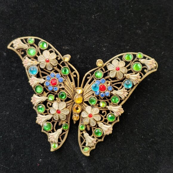 Vintage Filigree Butterfly w Jewelled Flowers & Accents - Picture 1 of 8